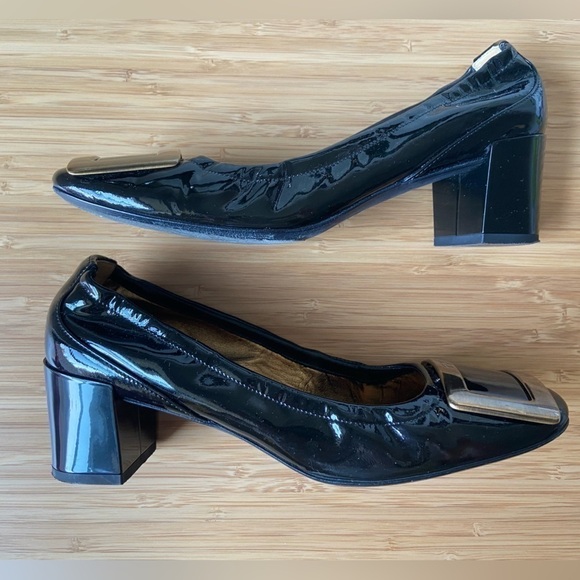 Roger Vivier Belle Metal Buckle Black Patent Leather Classic Formal Block Heels - Picture 2 of 11